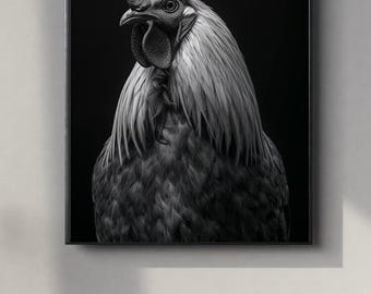 Black and White Rooster Portrait | Powerful Wall Art Digital Print | Instant Download Poster | PDF, JPEG & PNG