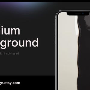 Może przedstawiać: Smartfon wyświetla czarno-biały abstrakcyjny wzór z białym napisem "Premium Background". Tekst "Elevate your phone with inspiring art" znajduje się pod głównym tekstem. Adres URL sklepu Etsy znajduje się na dole.