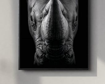 Czarno-biały portret nosorożca | Ekspresyjna grafika ścienna w formie wydruku cyfrowego | Plakat do natychmiastowego pobrania | PDF, JPEG i PNG
