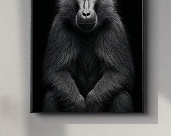 Black and White Baboon Portrait | Powerful Wall Art Digital Print | Instant Download Poster | PDF, JPEG & PNG