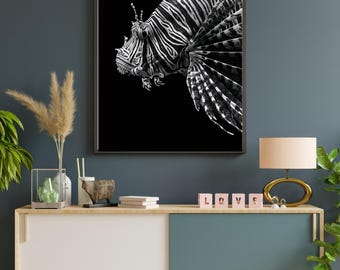 Black and White Lionfish Portrait | Powerful Wall Art Digital Print | Instant Download Poster | PDF, JPEG & PNG