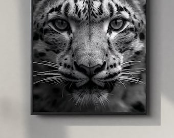 Black and White Snow Leopard Portrait | Powerful Wall Art Digital Print | Instant Download Poster | PDF, JPEG & PNG