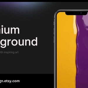 Puede incluir: Teléfono inteligente con un fondo abstracto amarillo y morado. El teléfono se muestra sobre un fondo negro con las palabras "Premium Background" en blanco. También está presente el texto "Elevate your phone with inspiring art".