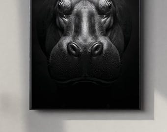 Black and White Hippopotamus Portrait | Elegant Wall Art Digital Print | Instant Download Poster | PDF, JPEG & PNG