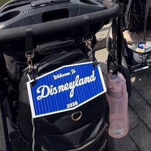 May include: Two black strollers with attached bags and a water bottle are parked near a body of water. A sign that says "Welcome to Disneyland 2026" is attached to one of the strollers. In the background, there is a river and buildings.