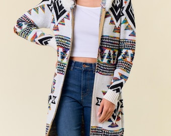 Rainbow Aztec Print Zip-Up Cardigan: Faux Fur Lined Hooded Cardigan Coat