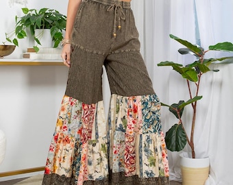 Boho Patchwork-byxor: Blommiga byxor med vida ben, byxor med klocka, mysbyxor med resår i midjan
