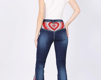 Heart Embroidered Bell Bottom Jeans: Women's Boho Style Flare Pants
