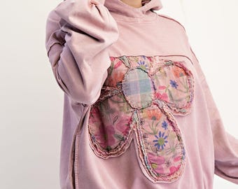 Boho Hoodie with Floral Patchwork – Oversized Fit, Cottagecore Style