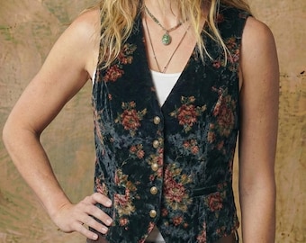 Women's Black Crushed Velvet Vest: Floral Vintage Style Velvet Waistcoat