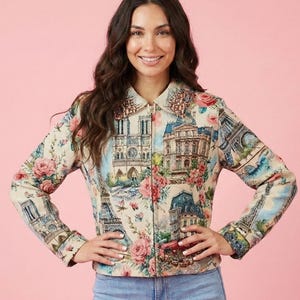 Paris Tapestry Jacket | Woven French City Scene Coat | Romantic Academia Gift for Her | Vintage Style Floral Jacquard Zip Up