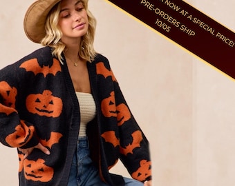 Cozy Halloween Pumpkin And Bat Knit Cardigan Slouchy Open Front Sweater
