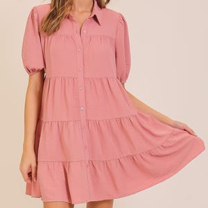 Pink Puff Sleeve Tiered Button-Down Dress – Collared Summer Midi, Lightweight Cotton, Cottagecore Style, Casual Boho Outfit