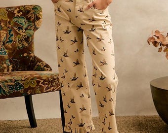Mallard Duck Print Wide Leg Ruffle Hem Cream Denim Pants with Pockets