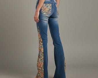 High Waisted Boho Flare Jeans with Intricate Floral Tapestry Inlays and Extra Long Inseam