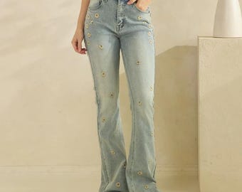 Daisy Floral Embroidered Flare Jeans in Light Wash Denim with Retro Bell Bottom Fit