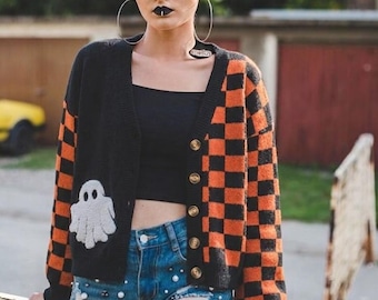 Orange Black Checkered Ghost Cardigan, Halloween Sweater