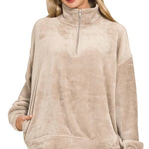 Mocha Fleece Pullover – Soft Quarter Zip Sweater  Cozy Fall Loungewear  Plush Zip-Up Top