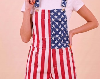 American Flag Short Overalls for Women | Patriotic 250th Anniversary Denim Americana Outfit