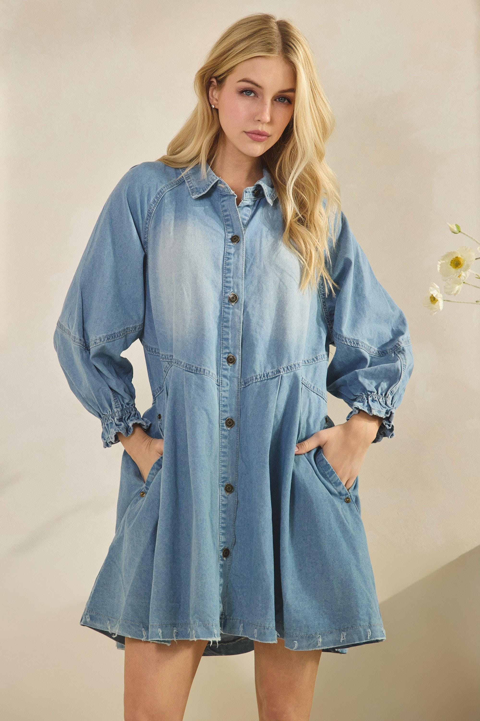 light blue denim shirt dress AKOEE 2025 Denim Long Sleeve Dress for Women Button Up Collar Shirt Jean Dress with Pockets Loose Comfy Stretch Denim Tops (Medium, Light Blue),