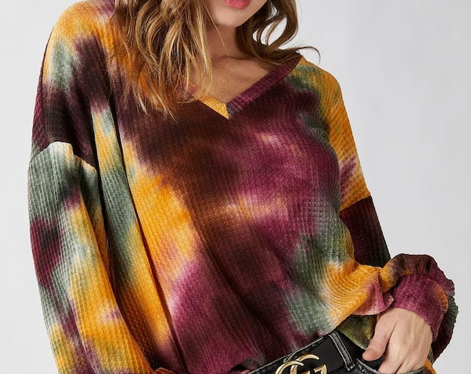 Long Sleeve Tie Dye Shirt: Oversized Colorful Ribbed V-Neck Top