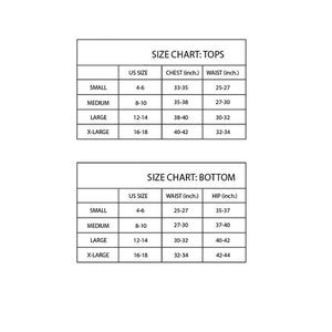 May include: A white size chart for tops and bottoms, with US sizes, chest, waist, and hip measurements in inches. Sizes range from small to X-large, providing detailed sizing information for apparel.