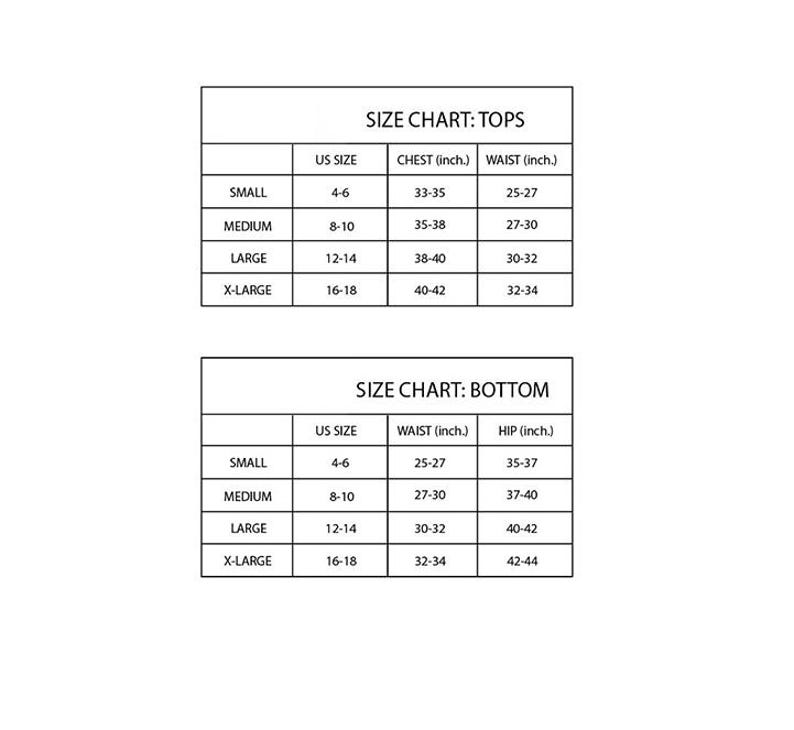 May include: A white size chart for tops and bottoms, with US sizes, chest, waist, and hip measurements in inches. Sizes range from small to X-large, providing detailed sizing information for apparel.
