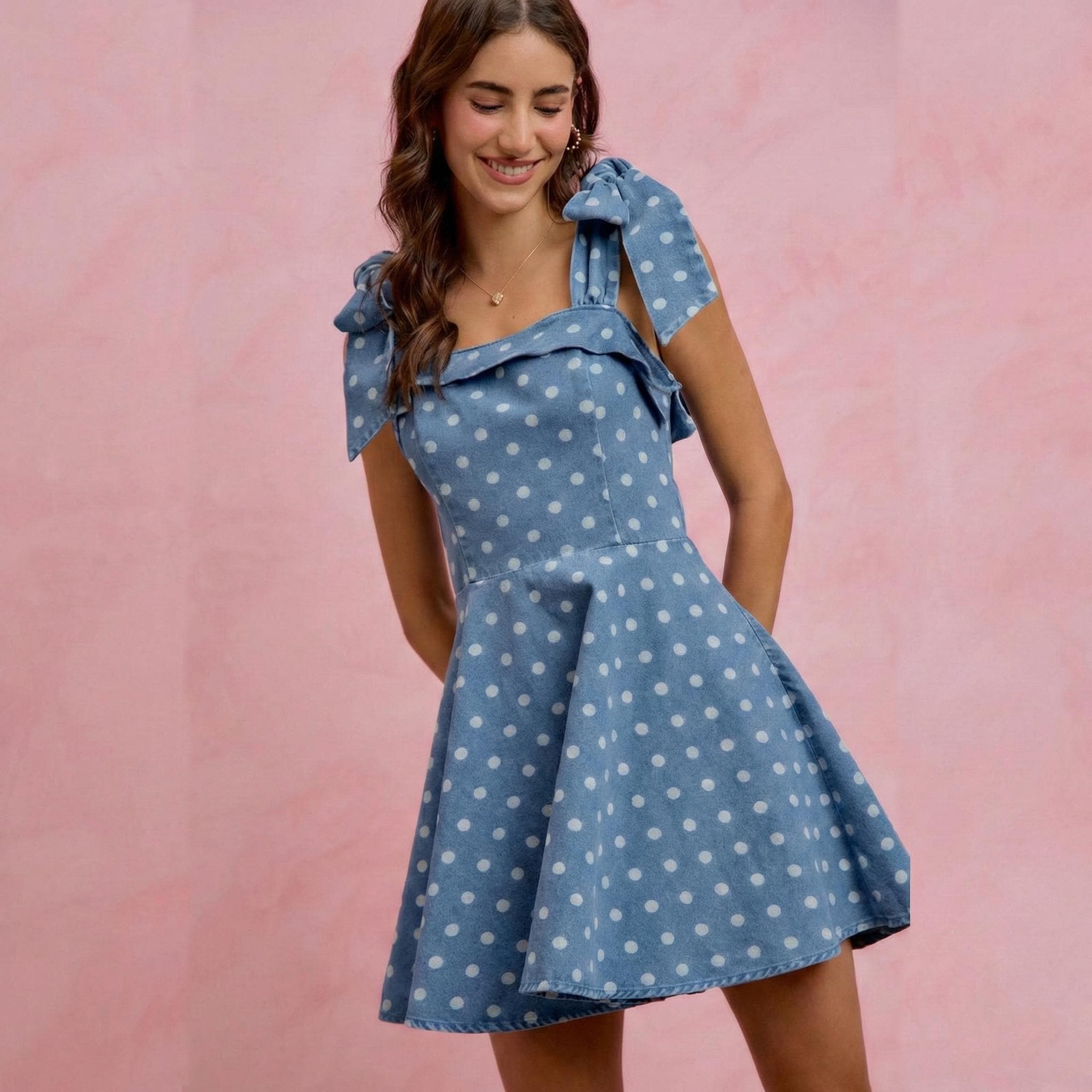 white christmas dresses Jeanie Bow Shoulder Mini Dress Denim main image 0
