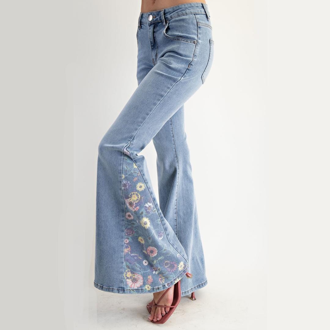 Vintage Floral Bell Bottom Jeans: High Waisted Retro 70s Style
