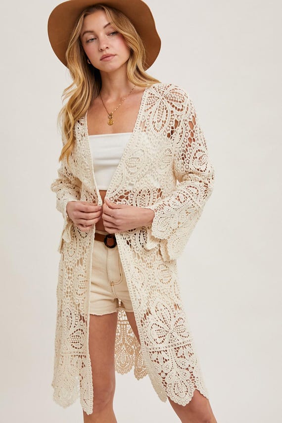 Boho Crochet Lace Duster Cardigan  Western Festival Layering Piece  Cream Knitwear Size S-L