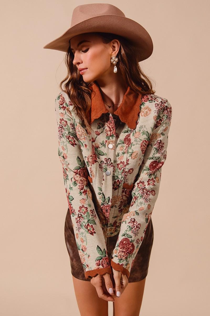 Vintage Floral Jacquard Jacket With Scalloped Corduroy Collar - Etsy