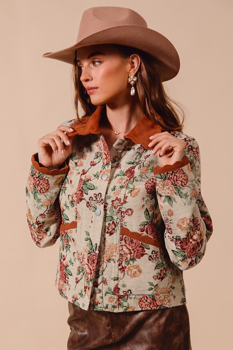 Vintage Floral Jacquard Jacket With Scalloped Corduroy Collar - Etsy