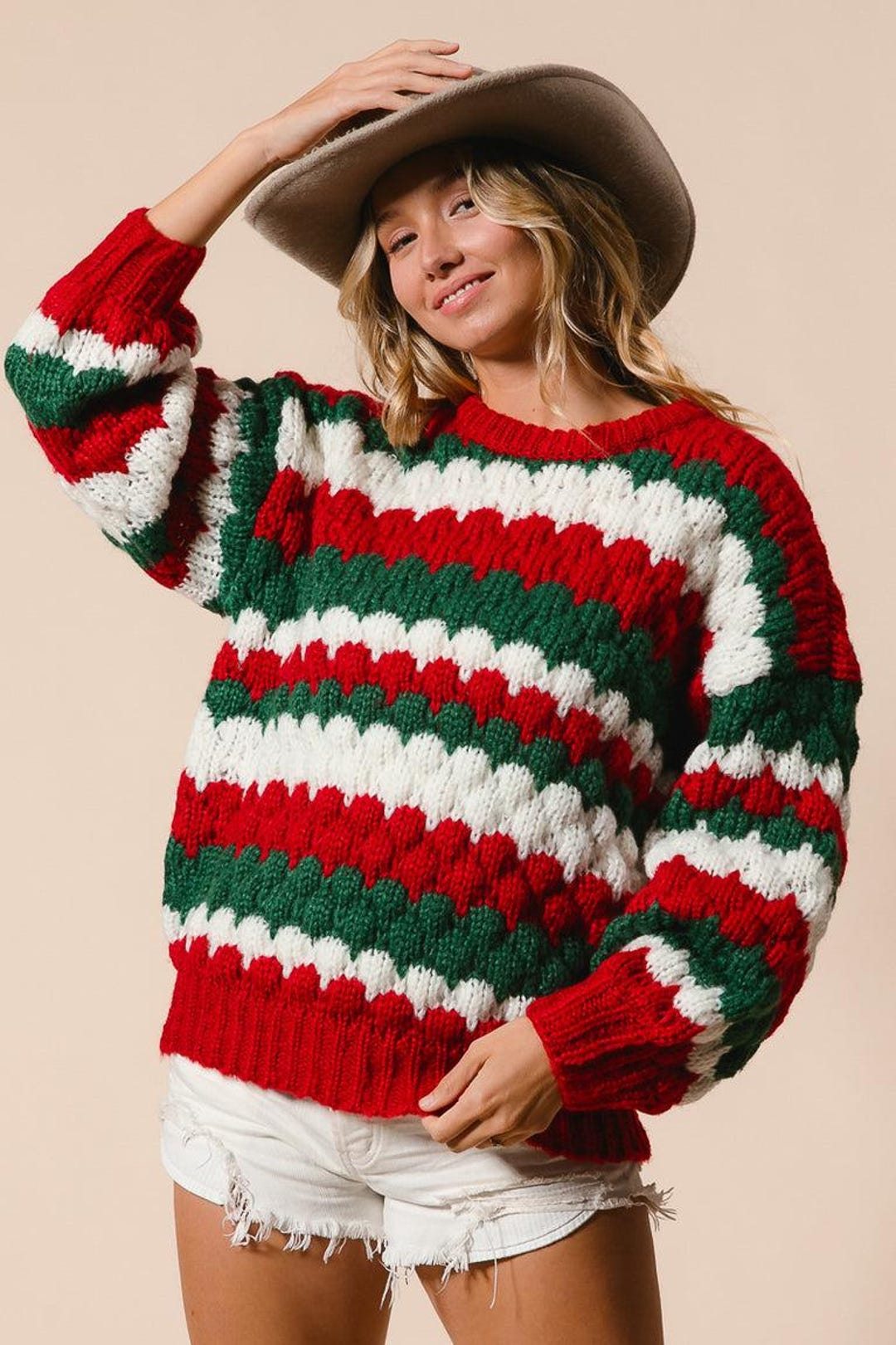 Chunky Knit Christmas Sweater – Red Green White Striped Pullover ...