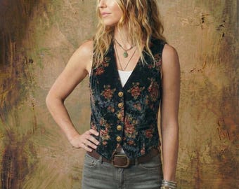 Women's Black Crushed Velvet Vest: Floral Vintage Style Velvet Waistcoat