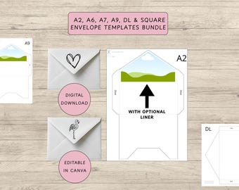 Plantilla de sobre: tamaño A2, A6, A7, A9, DL, cuadrado | Sobre + forro DIY | Descarga digital | Editar Canva | Creación de tarjetas | PDF