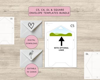 Briefumschlagvorlage: ISO/DIN C5, C6, DL, quadratisch | Paket | Briefumschlag + Futter zum Selbermachen | Digitaler Download | Bearbeitung mit Canva | Kartengestaltung | PDF