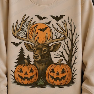 Deer Halloween PNG | Buck with Pumpkins Sublimation Design | Hunting Spooky Clipart | Fall Outdoors Shirt PNG | hunters outdoorsmen nature