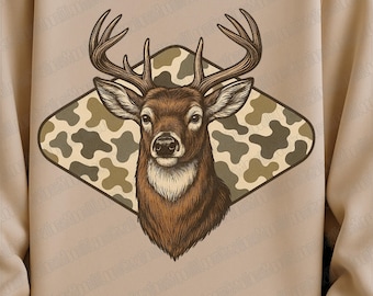 Vintage Whitetail Antlers Graphics, Deer Hunting Buck PNG with Old School Camo Background, Rustic Outdoor Marsh Camo Sublimation for Hunters