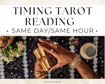 May include: Image features hands holding a deck of tarot cards, adorned with rings and bracelets. The text "TIMING TAROT READING" and "SAME DAY/SAME HOUR" is displayed above. A small ceramic bowl and decorative items are also visible.