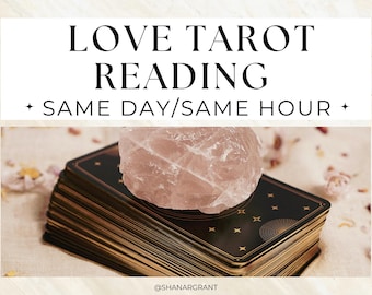 May include: A deck of tarot cards with gold edges and a black surface, topped with a large, light pink crystal. The text "LOVE TAROT READING" is displayed above, with "SAME DAY/SAME HOUR" below.
