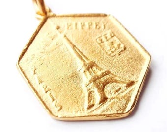 Paris Coin Charm Hexagon | Eiffel Tower Pendant | Parisian Medallion Charm | Travel Jewelry Pendant | DIY Necklace & Bracelet Supply