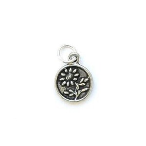 May include: A small, circular silver charm with a floral motif. The charm showcases a detailed flower design with a stem and leaves, enclosed within a circular border. It includes a loop for attachment to a necklace or bracelet.