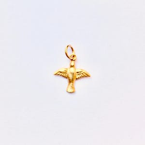 May include: A gold-colored bird charm with outstretched wings, suspended from a small loop. The charm is likely made of metal and is set against a white background. This jewelry item could be a pendant or a charm for a bracelet.