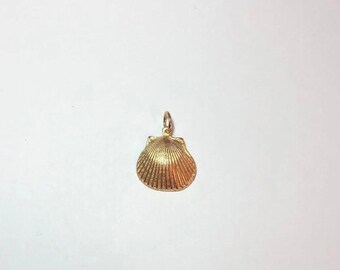 Op de afbeelding: Een goudkleurige schelpenhanger met een getextureerd oppervlak. De hanger heeft een kleine lus aan de bovenkant om aan een ketting te bevestigen. Het schelpenontwerp is gedetailleerd en realistisch, met zichtbare ribbels.