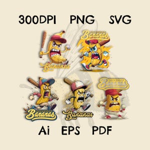 Bananas Baseball PNG, Bundle Sports Team Mascot, Funny Banana Playing Baseball, Sublimation Digital, Baseball Gifts