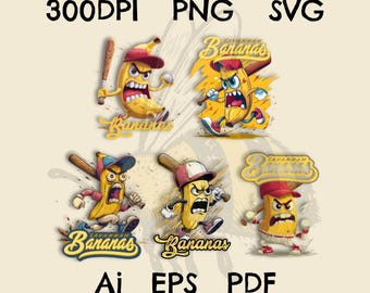 Bananas Baseball Team Mascot PNG Bundle, Funny Sports Sublimation (Digital)