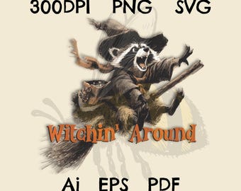 Witchin' Raccoon Clipart, Funny Halloween Design (png, svg, eps, ai)