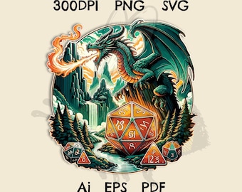 Fantasy Dragon Dice png, Retro D&D Shirt Design, Dungeon Master Art (ai, eps, svg)