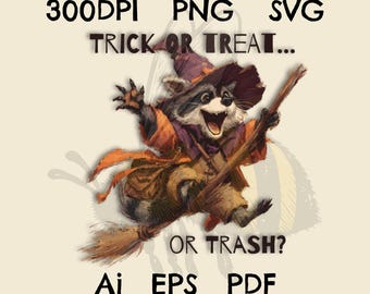 Funny Raccoon Witch Halloween Clipart, Trick or Treat PNG, SVG