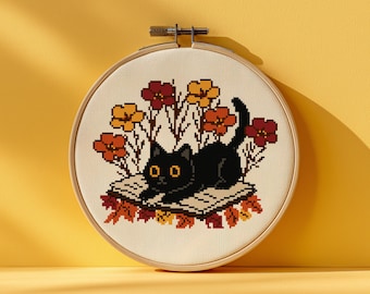 Fall Cat Cross-Stitch Pattern | Bookish Feline Art (PDF Pattern)